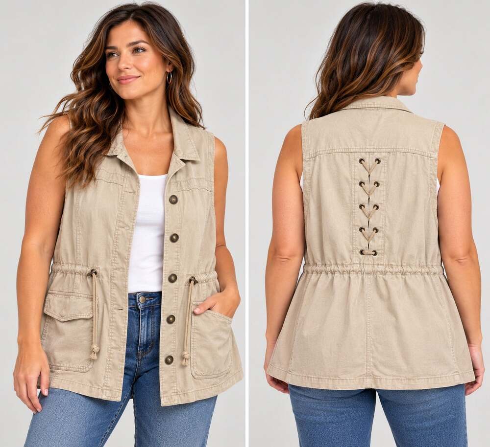 Maurices Safari Utility Vest Stone Gray Lace Up Back SzXL Boho Utility Chic